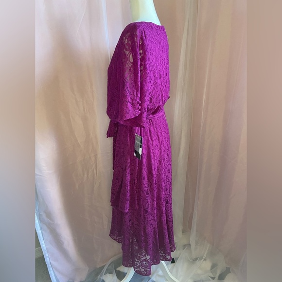 NWT Maison Tara Fuchsia Scoop Neck 3/4 Sleeve Lace Flowy Tier Ruffle Dress BB104 - Picture 7 of 13
